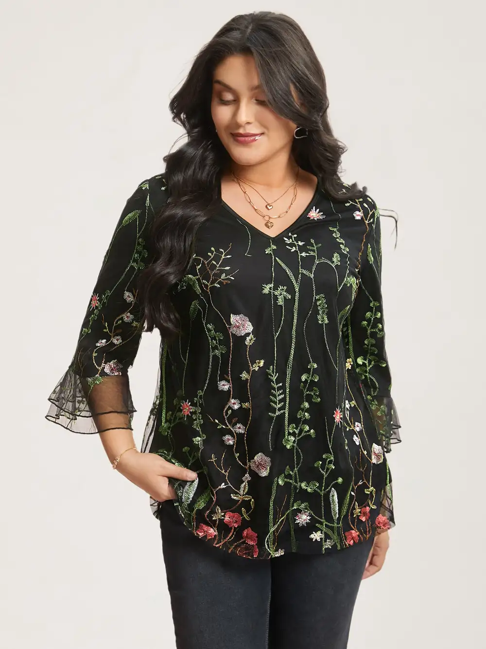 Embroidered Mesh Lotus Leaf Sleeve Blouse
