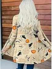 Halloween Women's Coat Lightweight Comfortable Pumpkin Print Vintage Artistic Casual Skull Casual Long Collarless Regular Fit Long Sleeve Outerwear Black White Pink Spring Fall