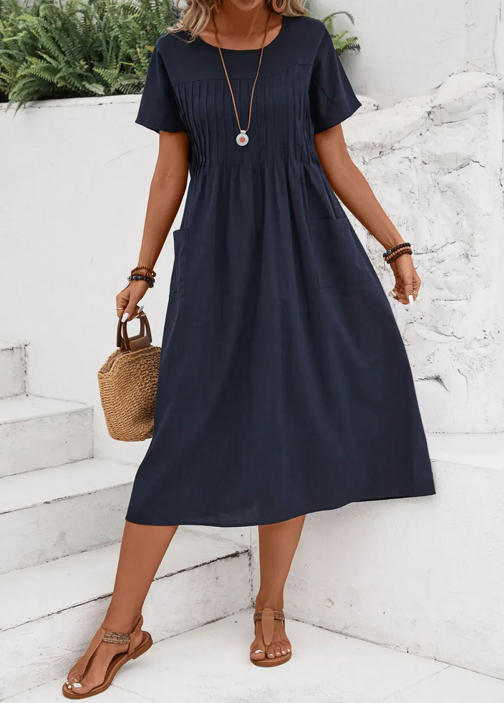 Navy Tuck Stitch Short Sleeve Round Neck Dress