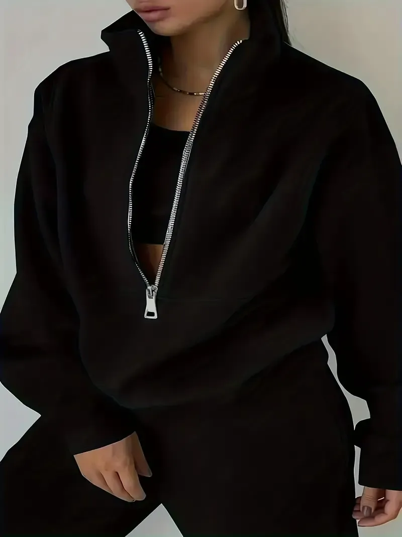 Two-Piece Solid Color Casual Outfit - High Neck Zip Front Long Sleeve Sweatshirt & Elastic Waist Pants