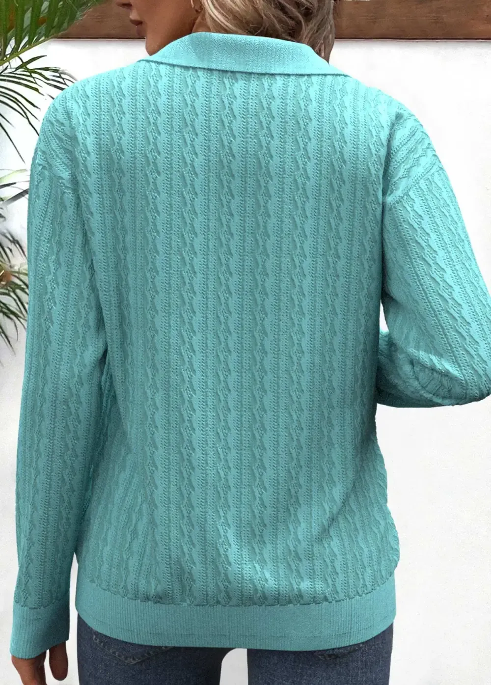 Mint Green Zipper Geometric Print Long Sleeve Sweatshirt