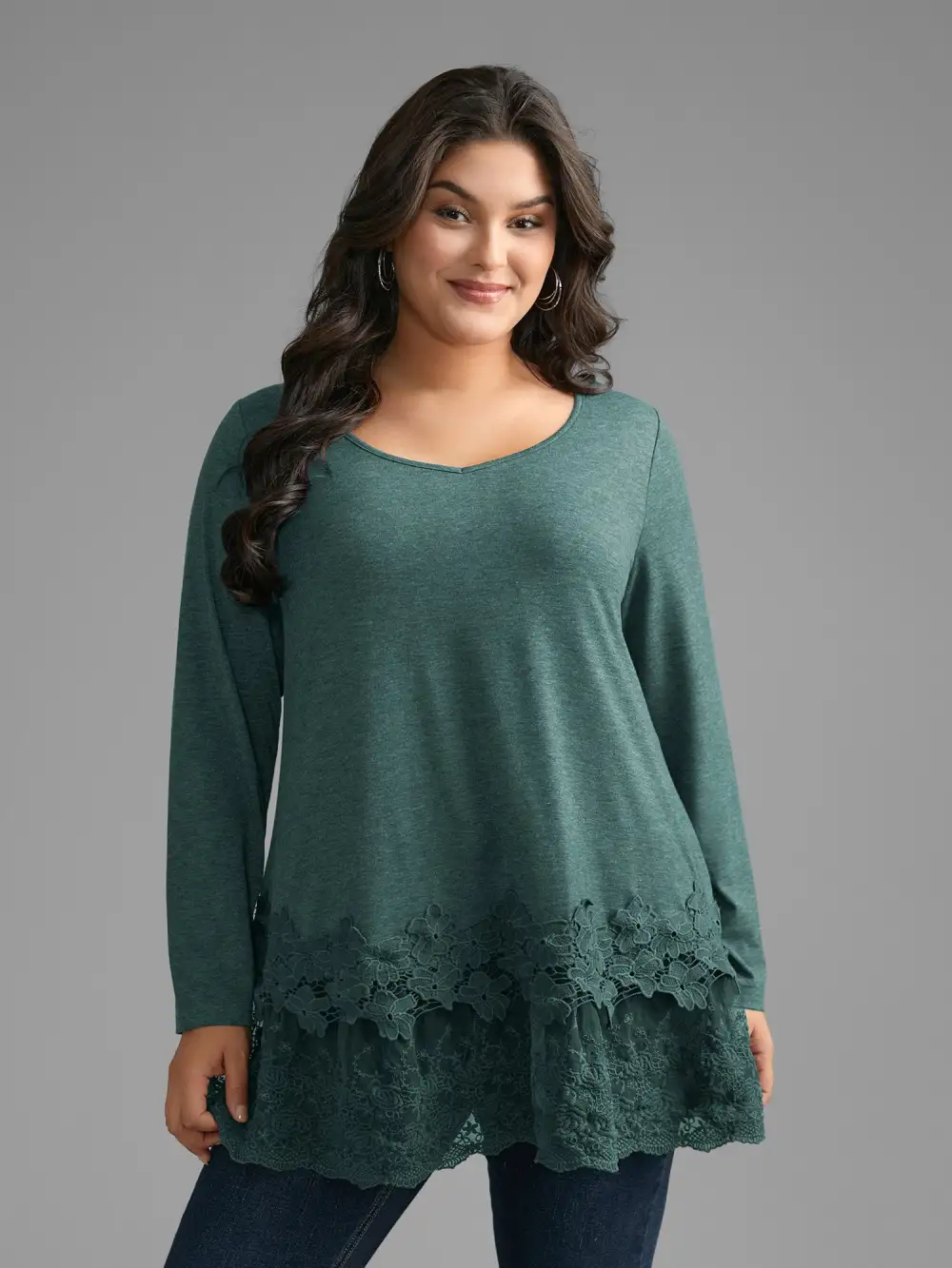 V Neck Lace Panel Jersey Top