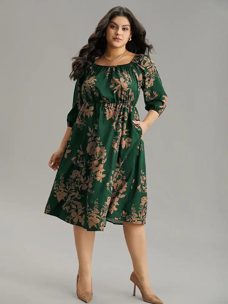 Silhouette Floral Print Elastic Cuffs Dress