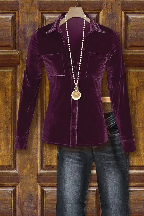 Velvet Long Sleeve Button Detailed Blouse