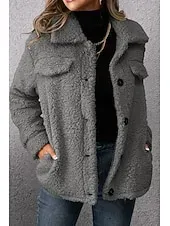 Women's Sherpa Jacket Comfortable Breathable Pocket Buttons Casual Plain Vacation Street Casual Daily Wear Single Breasted Short Turndown Regular Fit Long Sleeve Outerwear Khaki Army Green Dark Gray