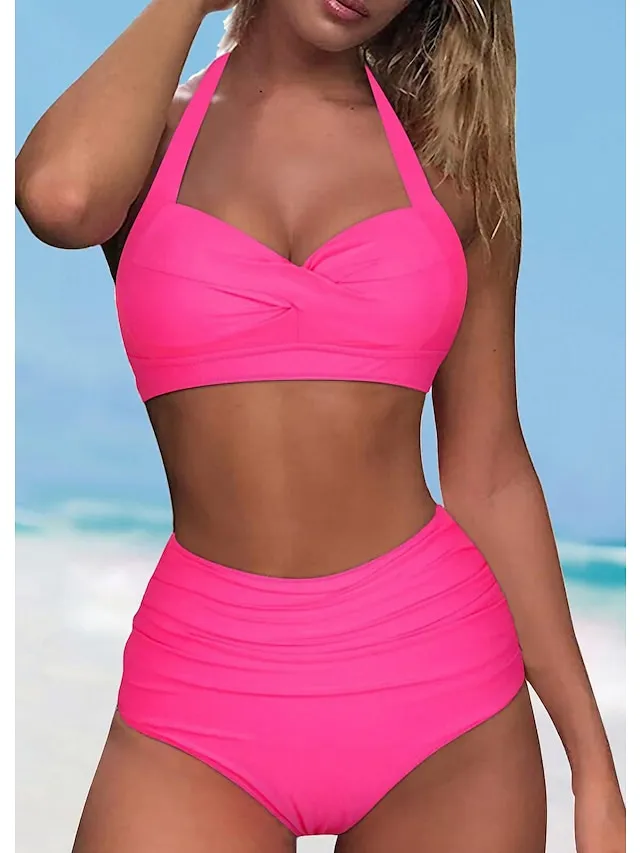 Women's Swimwear Bikini Normal Swimsuit Halter 2 Piece High Waisted Plain Black Green Rose Red Bathing Suits Sports Beach Wear Push Up