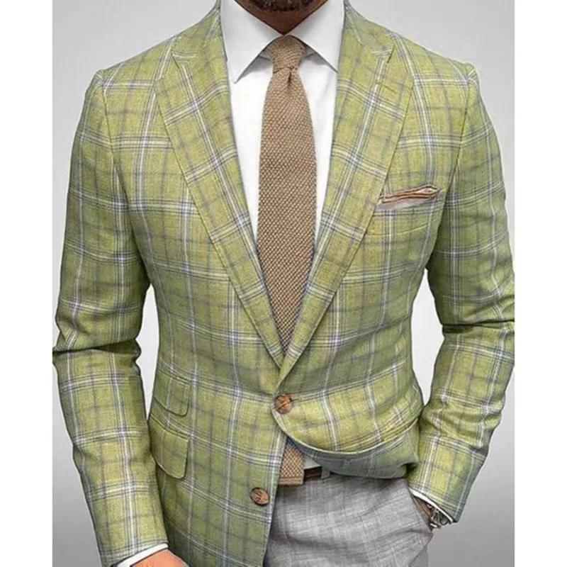 Business Plaid Lapel Collar Two Buttons Long Sleeve Blazer