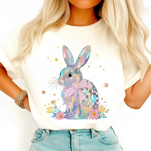 Easter Colorful Hand Drawn Bunny Printed Round Neck Short Sleeve T-Shirt