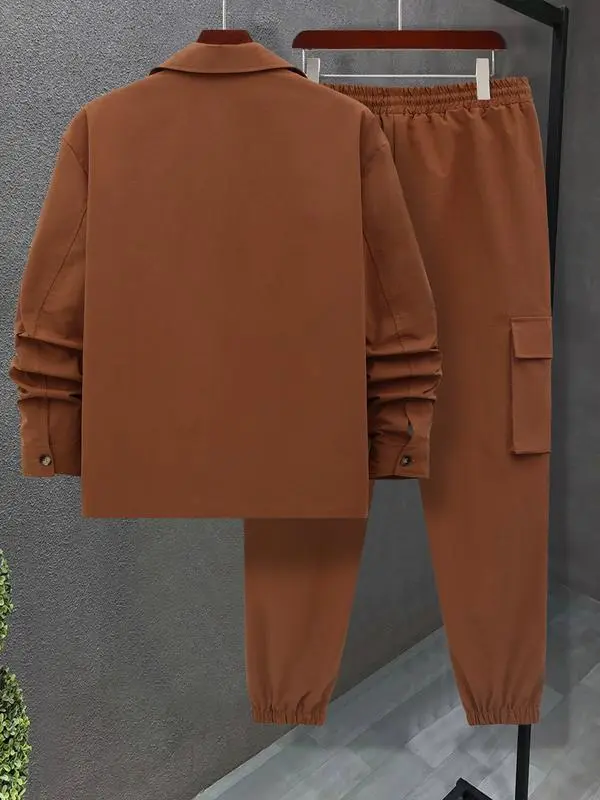 Men's Solid Color Pocket Button Front Jackets & Pants Two-Piece Set