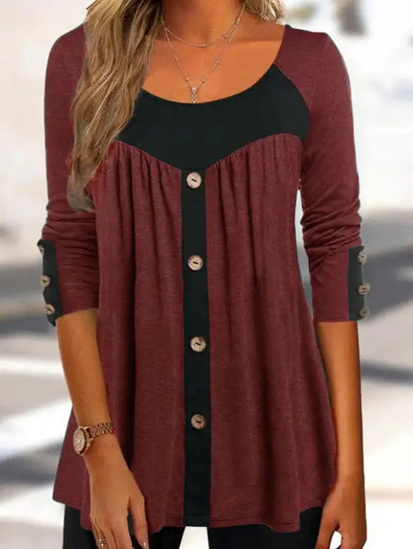 Women's T-Shirts Contrast Button Long Sleeve T-Shirt（⚡Clearance Sale）