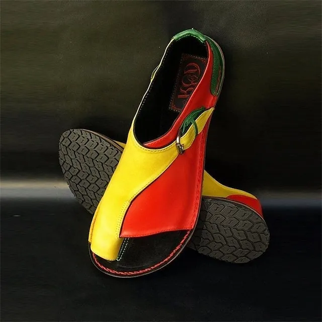 Women's Sandals Flat Sandals Orthopedic Sandals Bunion Sandals Plus Size Outdoor Daily Beach Summer Flat Heel Open Toe Casual Classic Minimalism Faux Leather Buckle Color Block Black&Gray red&green