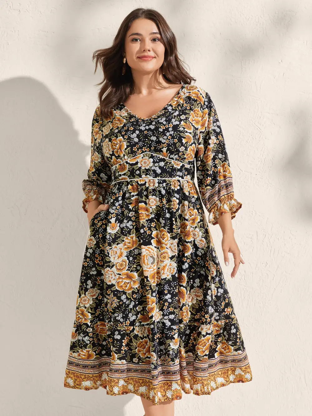 Floral Print Waist-Cinched Contrast Midi Dress