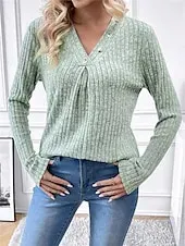 Women's T Shirt Plain Fashion Modern Casual Long Sleeve V Neck Regular Tops Daily Weekend Buttons Red Green Fall Winter