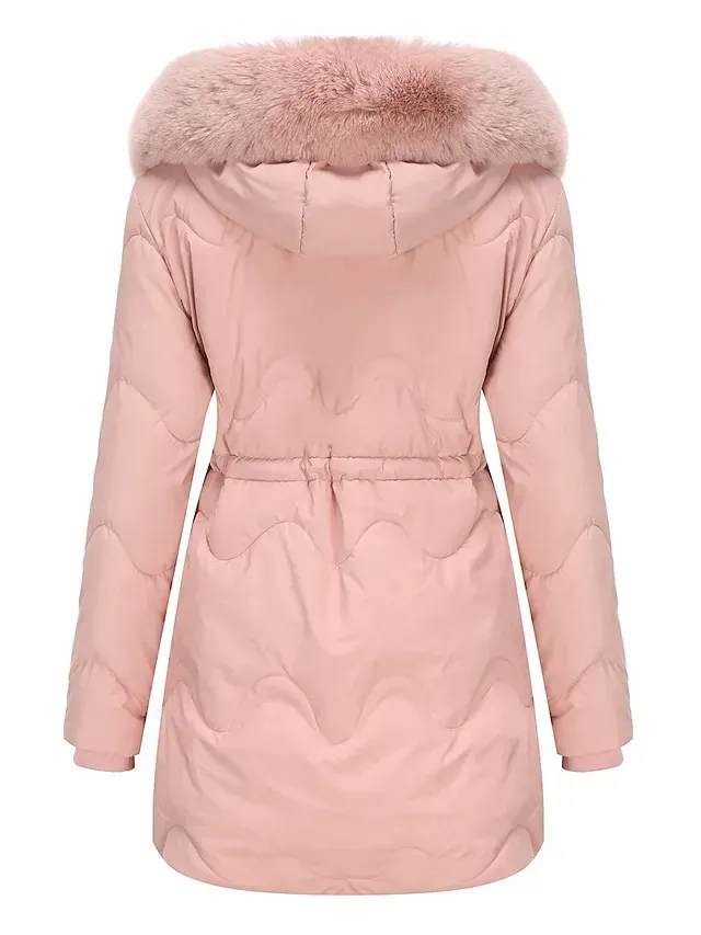 Women's Parka Puffer Jacket Winter Coat Thermal Warm Heated Coat with Removable Fur Collar Drawstring Zip up Hooded Coat Fall Outerwear with Pockets Classic Long Sleeve Light Blue Pink Black