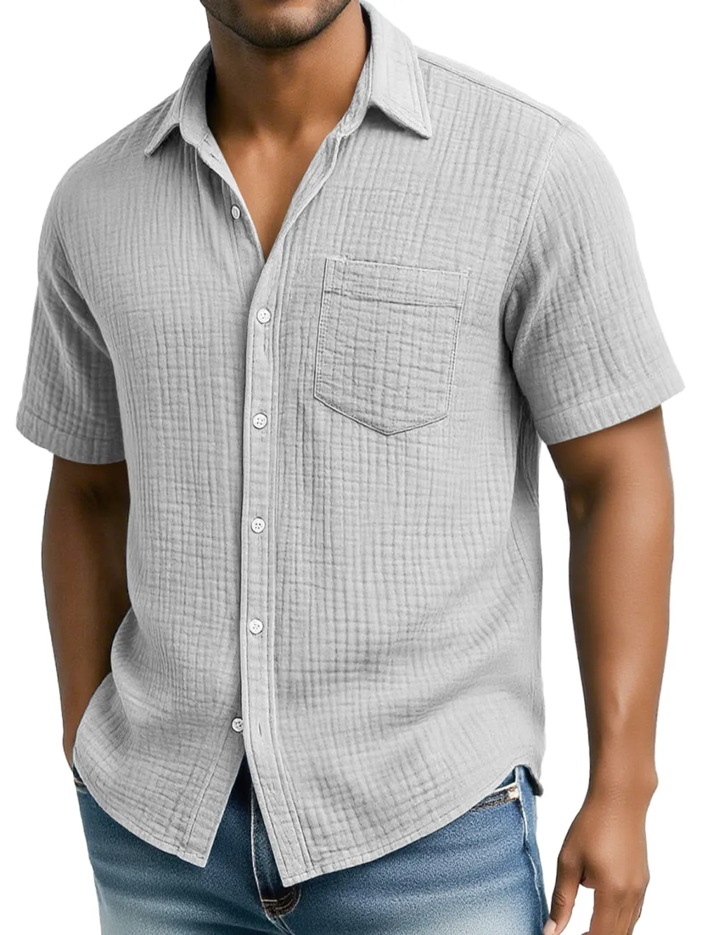Men's Daily Pleated Texture Casual Pocket Comfort Short Sleeve Shirt