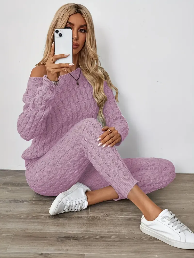 Solid Knitted Matching Two-piece Set, Casual Long Sleeve Sweater & Pants Outfits, Women's Clothing