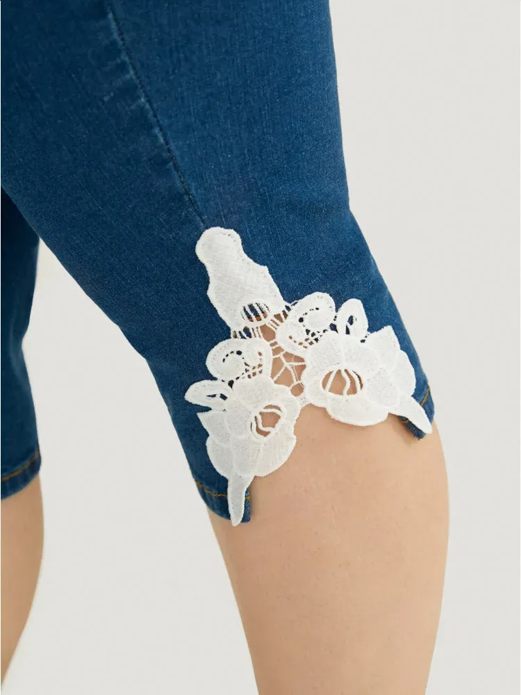 Very Stretchy High Rise Medium Wash Guipure Lace Knee Denim Shorts