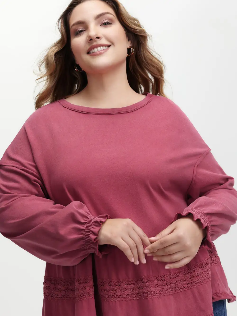 Washed Lace Trim Tiered Round Neck Sweatshirt