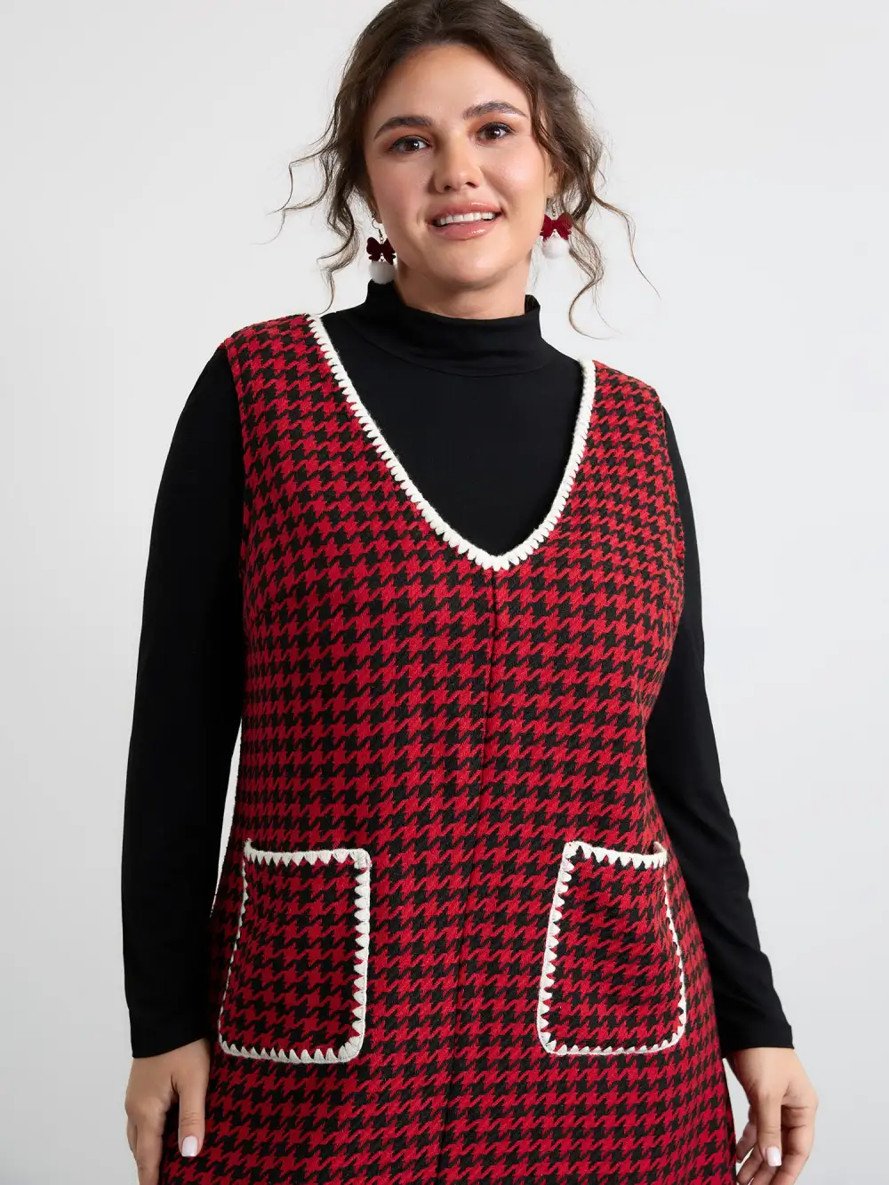Houndstooth Embroidery Patch Pockets Dress