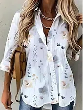 Women's Shirt Button Down Tunic Shirt Collar Long Sleeve Floral Graphic Stylish Casual Regular Tops Daily Going out s White Spring
