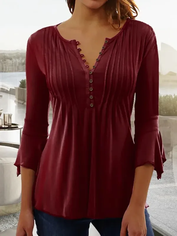 V Neck Buttoned Basic Casual Plain Ruched Tunic Top