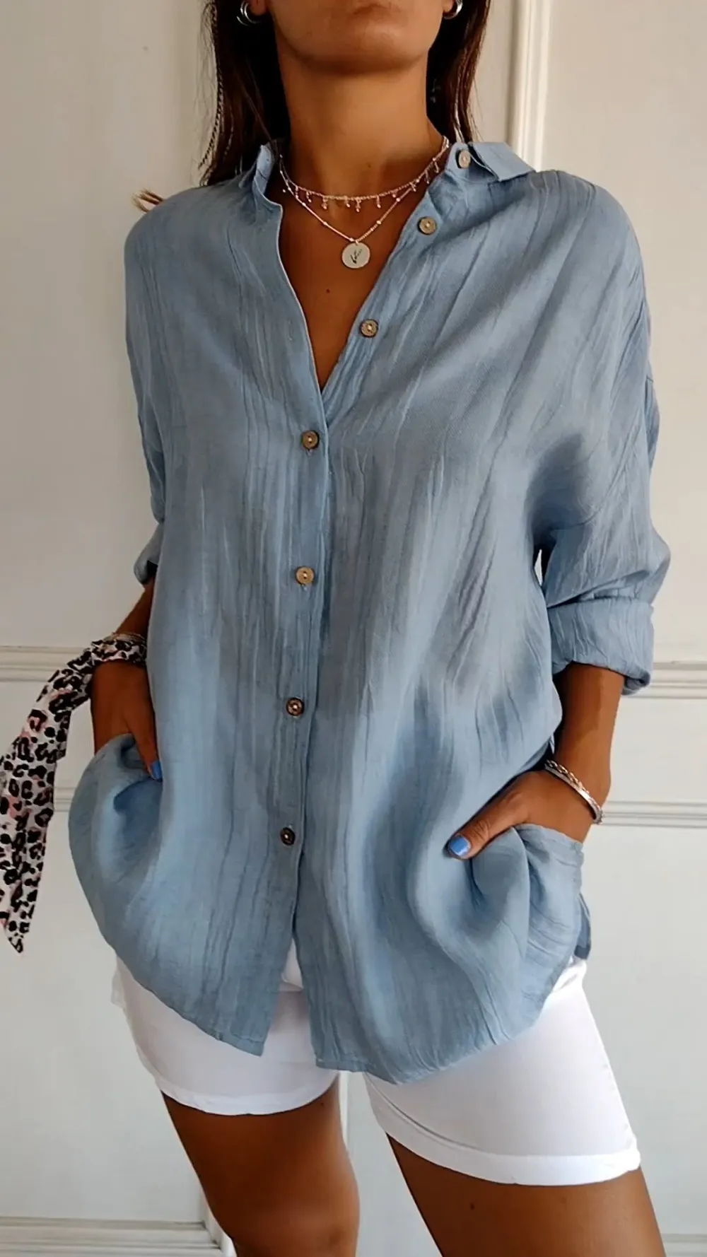 ✨Women's Casual Single-Breasted Pleated Lapel Shirt