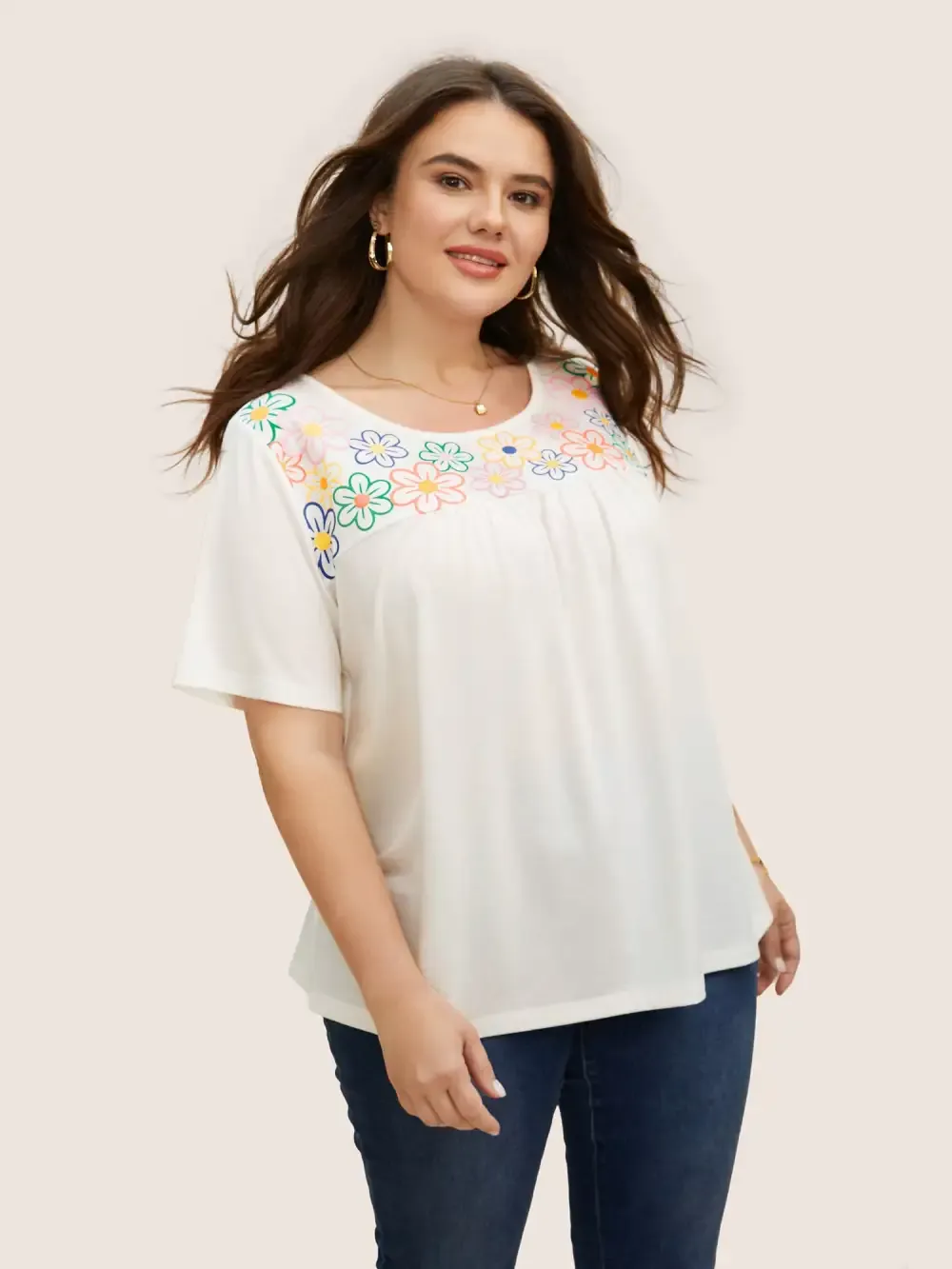 Colored Floral Print Round Neck Gathered T-Shirt