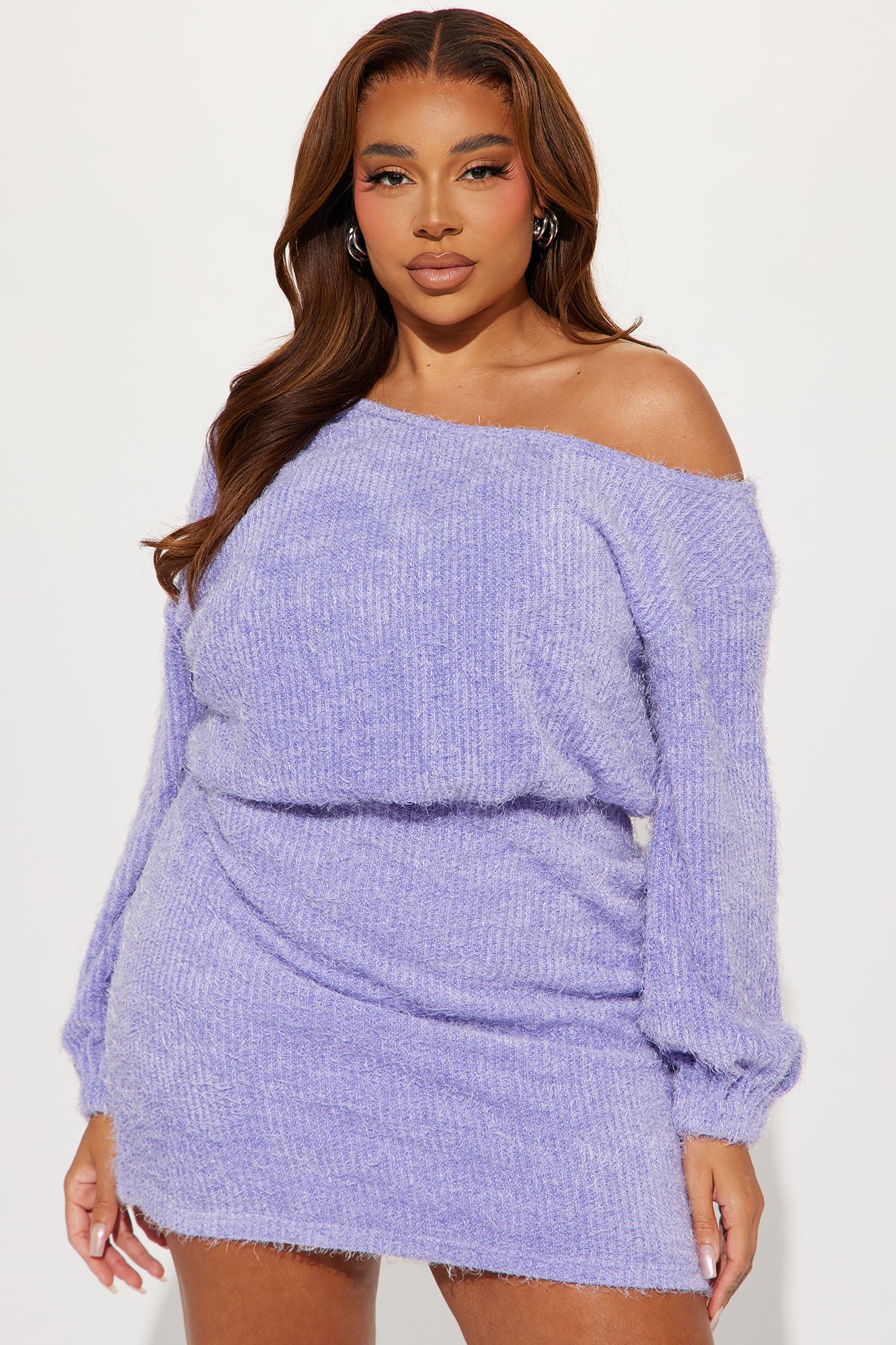 Farah Fuzzy Off Shoulder Mini Dress - Lavender