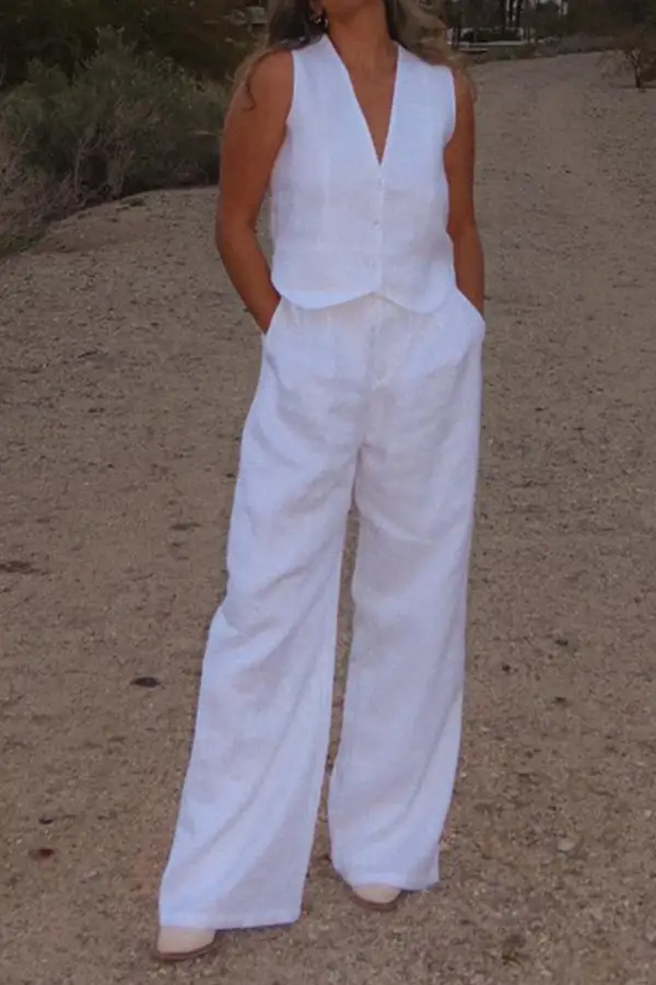 White Button Down Tank Top Long Pants Set