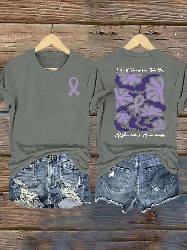 Women'S Alzheimer'S Awareness I Will Remember For You Floral Printed Short Sleeve T-Shirt