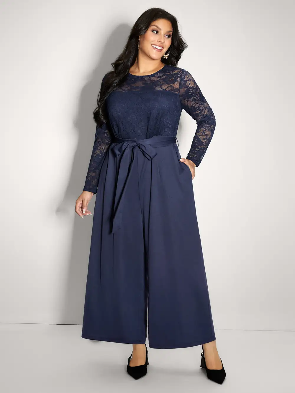 Sheer Lace Trim Belted Pockets Jumpsuit