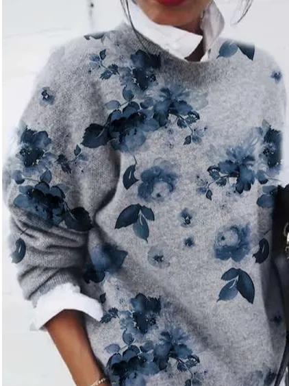 Women's Floral Print Casual Long Sleeve Crew Neck Sweater