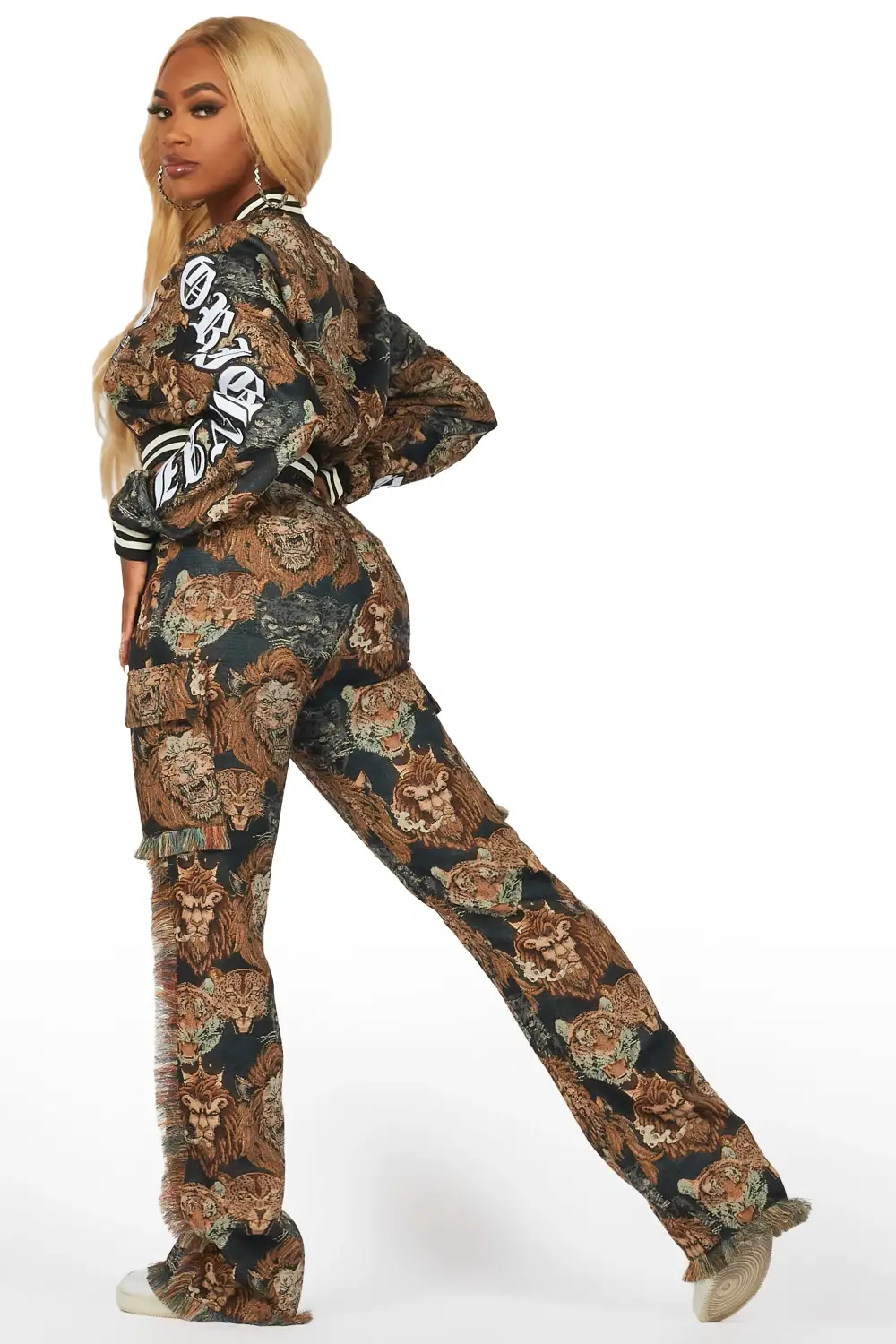 Khadiyah Black Crop Tapestry Varsity Jacket