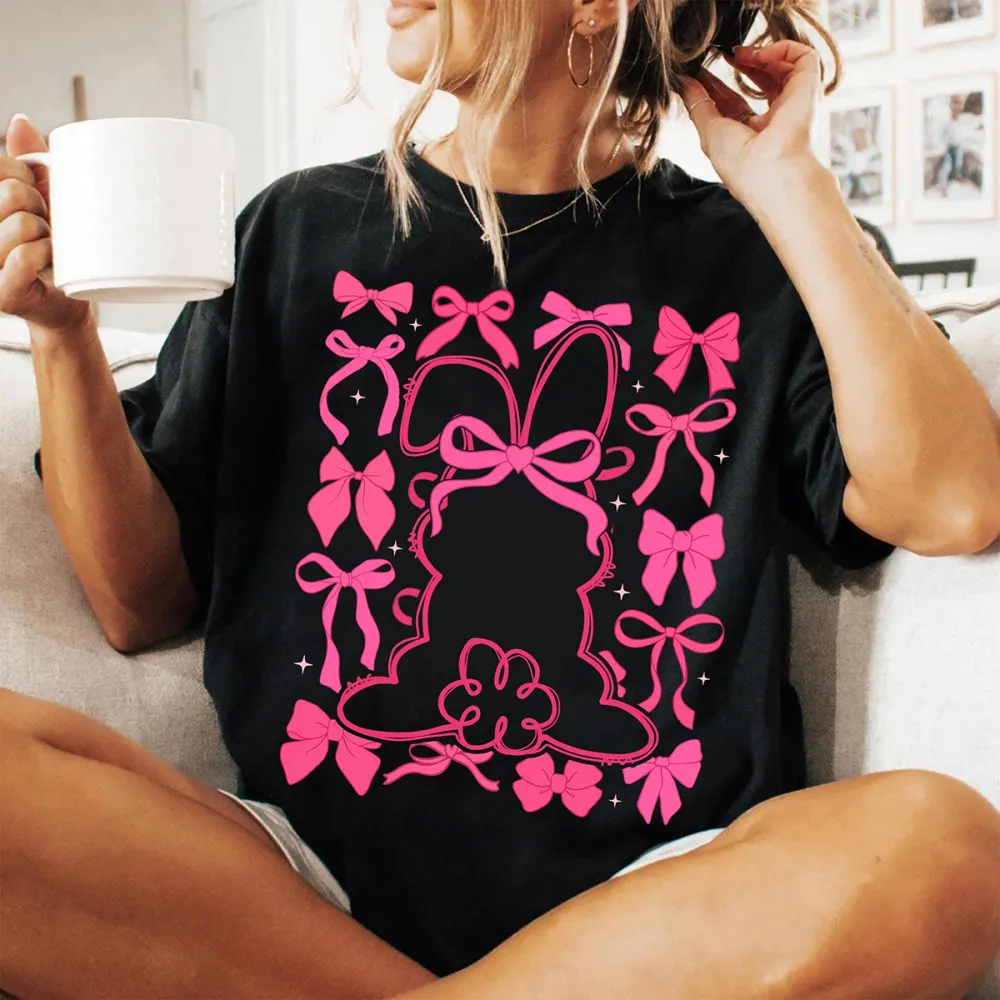 T-shirt Easter Bunny With Bow Women Printed Round Neck Short Sleeve