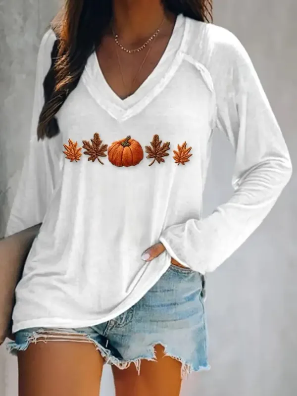 Women's Autumn Maple Leaf Pumpkin Print Long Sleeve T-Shirt