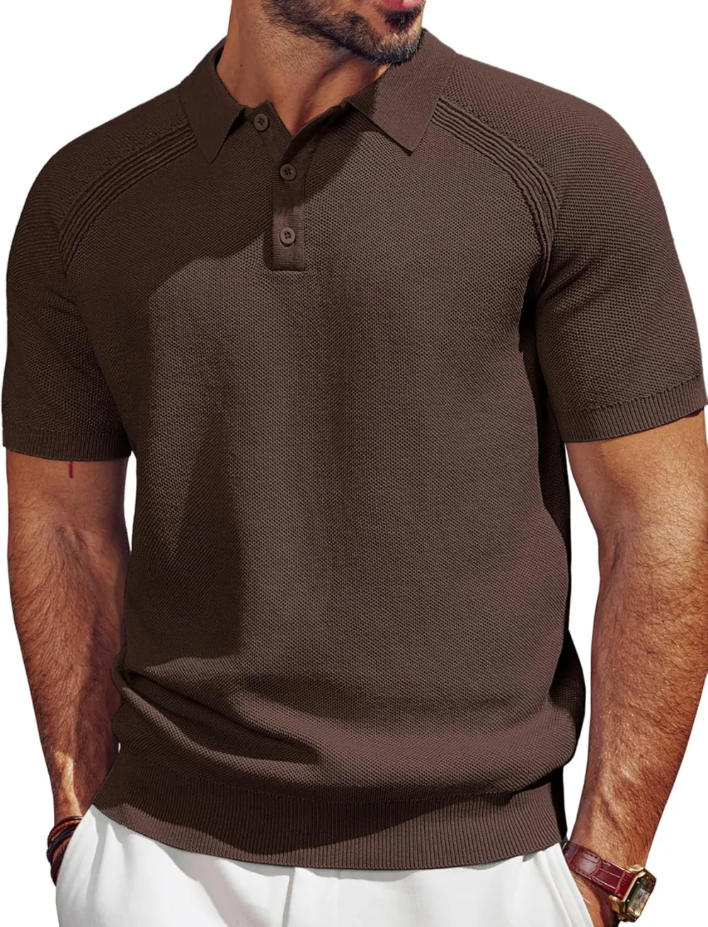 Men's Polo Shirt Short Sleeve Textured Knit Button Shirts Raglan Sleeve Casual Golf Shirt