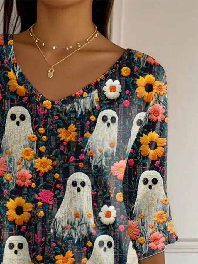 Women's Ghost Print V-Neck T-Shirt