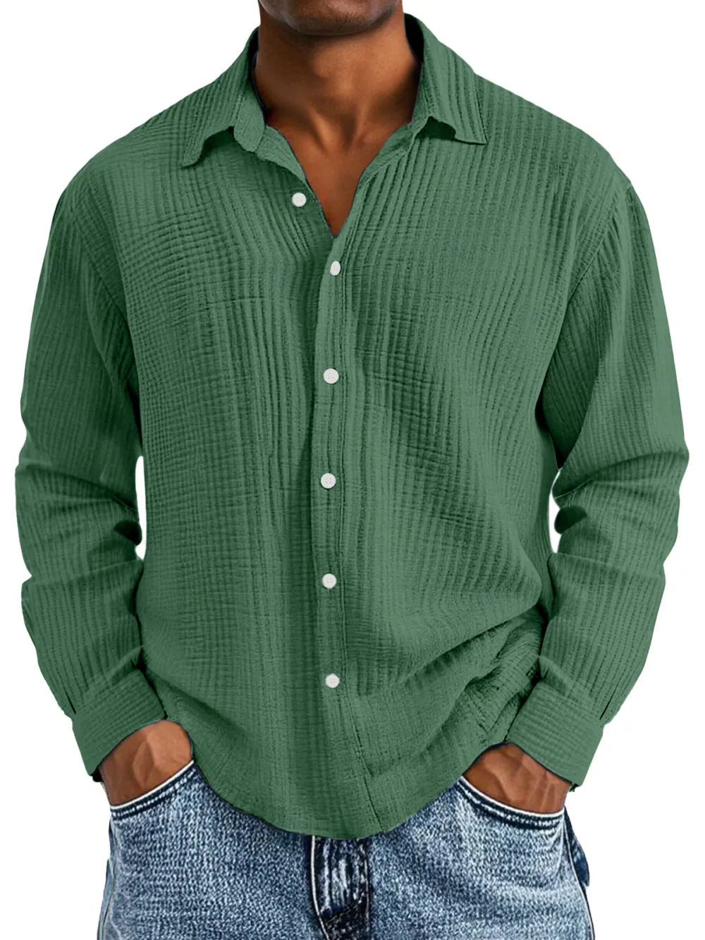 Men's Casual Cotton Pleated Solid Color Lapel Long Sleeve Shirt