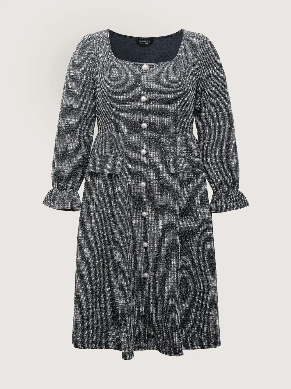 Tweed Knit Pearl Button Stretchy Midi Dress