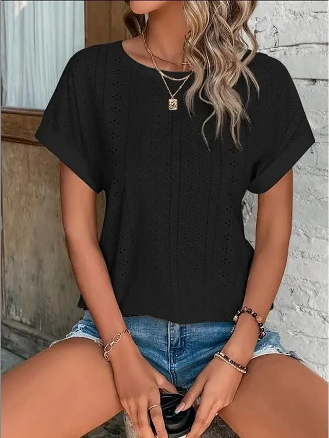 Women's T shirt Tee White Eyelet Tops Light Blue Black White Plain Cut Out Short Sleeve Daily Weekend Basic Round Neck Regular Cotton S