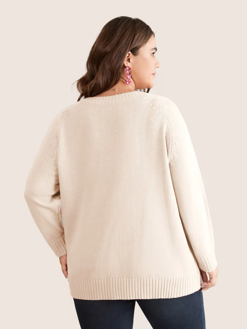 Heart Cable Knit Two Tone Raglan Sleeve Pullover