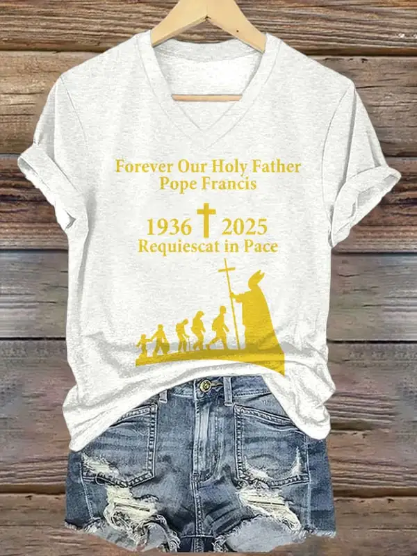 Women's Forever Our Holy Father Requiescat In Pace Print Short Sleeve V-Neck Cotton T-Shirt