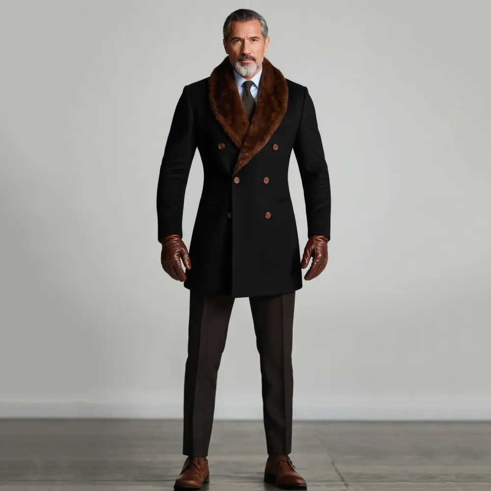 Men's Business Furry Shawl Lapel Double Breasted Long Sleeve Windproof Fur Collar Overcoat