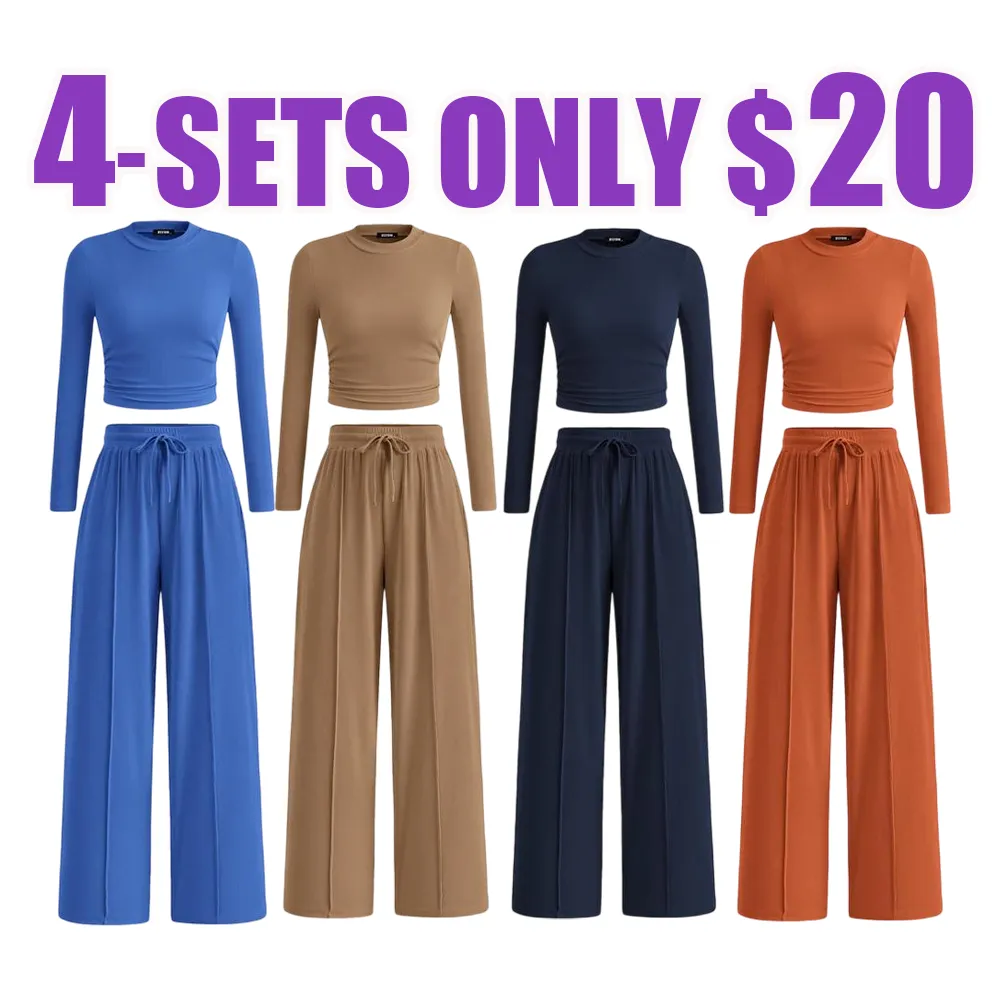 2-Piece Ribbed Knit Long Sleeve Crop Top Wide Leg Pants Matching Lounge Set Loungewear