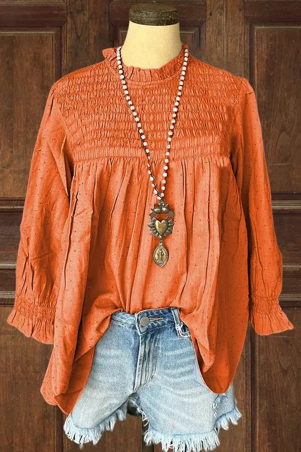 Solid Long Sleeve Pleated Smocking Top