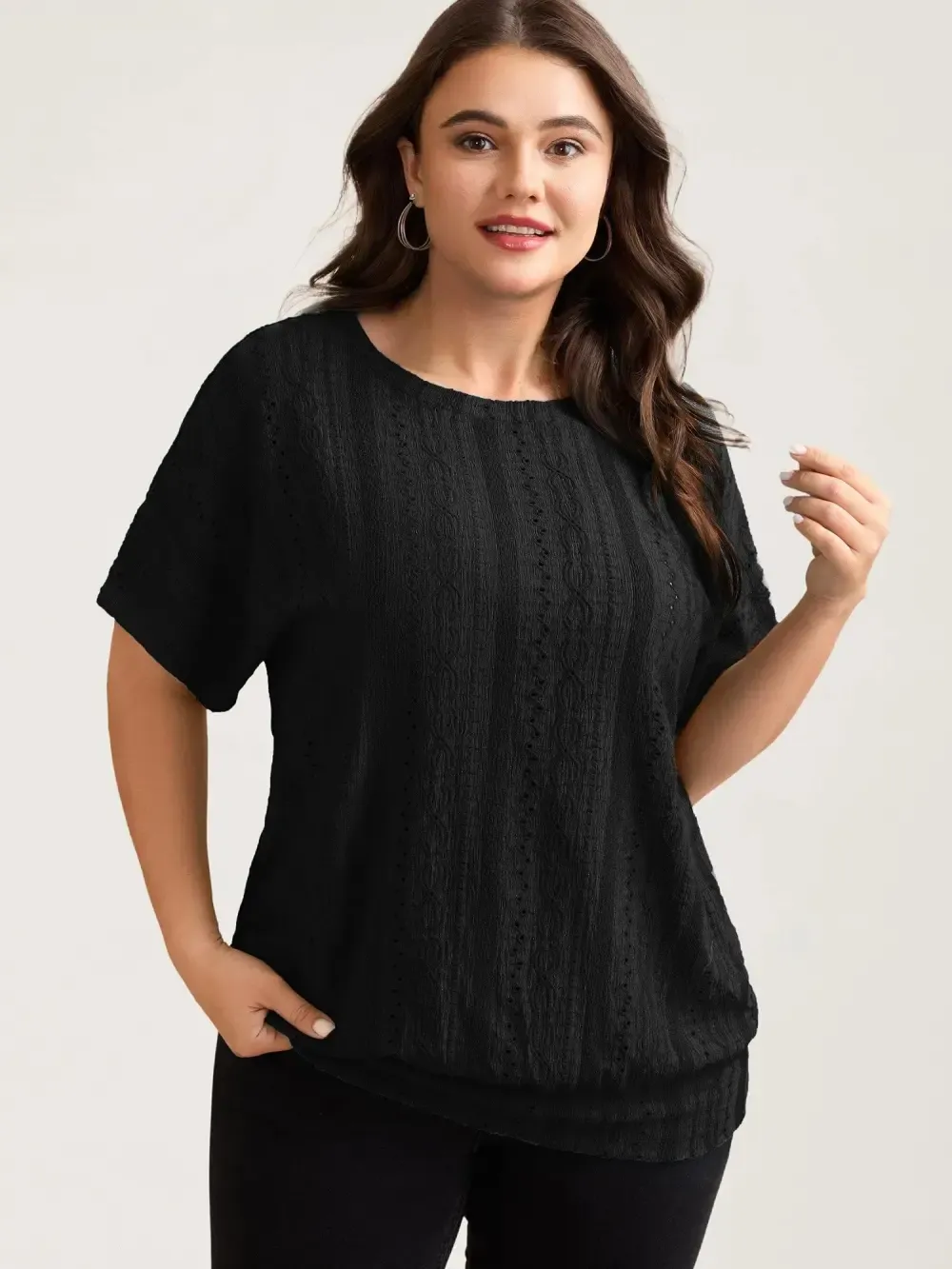 Eyelet Trim Stretchy Textured Plain Top