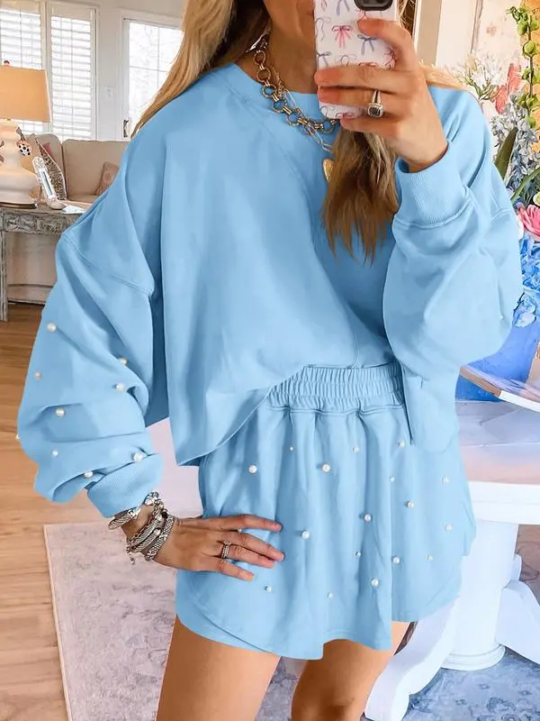 Women's Pearl-Decor Long Sleeve Sweatshirt & Loose Mini Skort 2-Piece Casual Fall Set.
