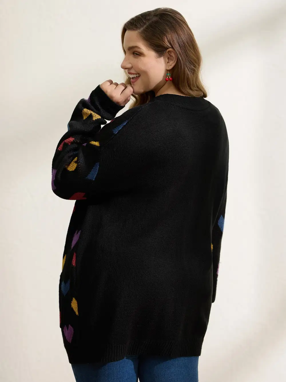 Colorful Hearts Jacquard Pockets Knit Cardigan