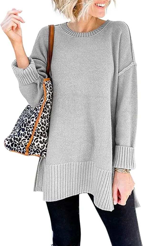 Women With Round Neck Long Sleeves And Slit Sweaters