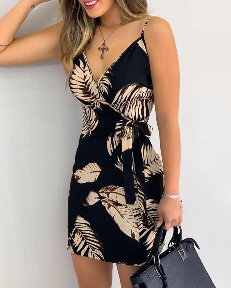 V Neck Leaf Print Mini Dress